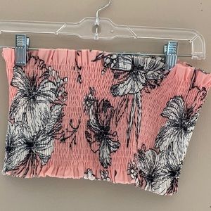 Pink Hawaiian print tube top.